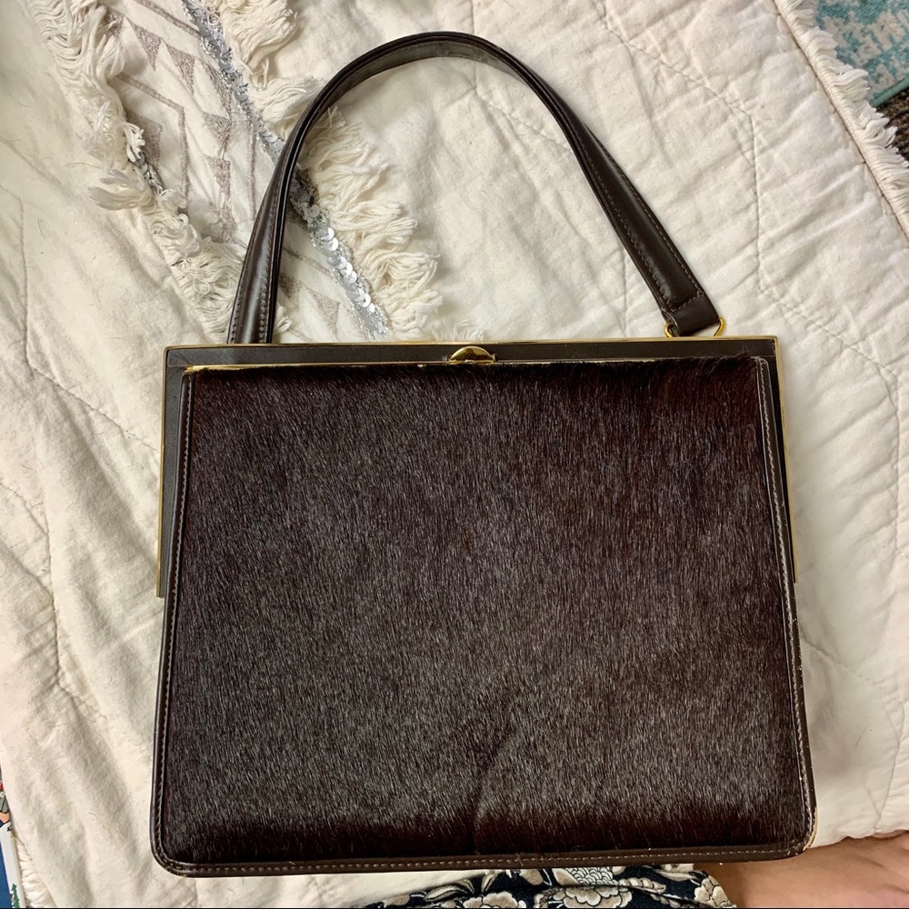 Dark brown leather and pony hair vintage bag